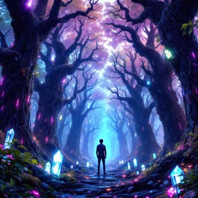 The primary subject of the image is a man walking down a path in a forest. The setting is a lush, colorful forest with trees and a blue sky. The visual style is a digital art or illustration, creating a vibrant and magical atmosphere. The colors and mood are predominantly blue and purple, giving the scene a serene and enchanting feel.